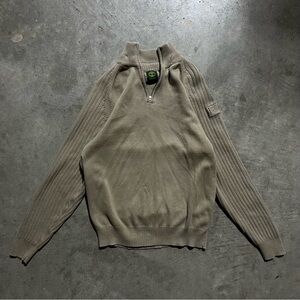 Vintage Timberland 1/4-Zip Olive Green Ribbed Mock-Neck Sweater - Men's Large